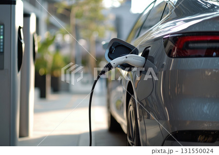 silver electric car is charging at outdoor station, showcasing modern technology 131550024