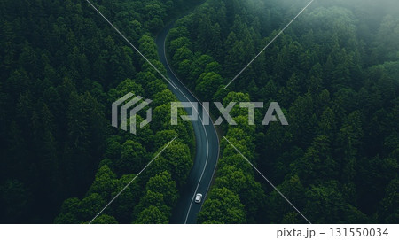 Aerial View of a White Car on a Scenic Road 131550034