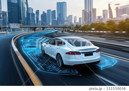 Modern Car Driving Through Tech-Inspired City...のイラスト素材 [131550036] - PIXTA