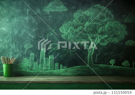 Ecological Drawing on Chalkboard with Green Tree Ecological Drawing on Chalkboard with Green Tree 131550059
