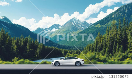 Scenic Drive of a White Car on a Mountain Road Scenic Drive of a White Car on a Mountain Road 131550073