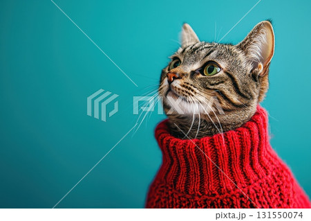 Cat in a Red Sweater Against a Bright Background 131550074