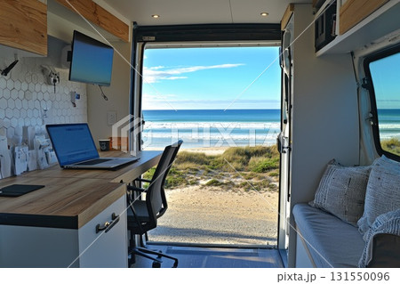 Cozy Van Interior with Scenic Ocean View, Perfect for Travel Enthusiasts and Remote Workers Seeking Inspiration and Comfort by the Beach Cozy Van Interior with Scenic Ocean View, Perfect for Travel Enthusiasts and Remote Workers Seeking Inspiration and Comfort by the Beach 131550096