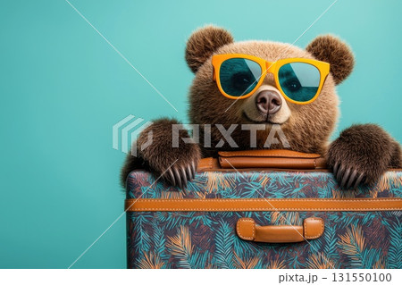 A Cute Bear with Sunglasses Peeking Over a Colorful Suitcase Against a Bright Turquoise Background for Travel and Vacation Themes 131550100