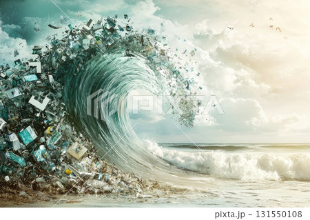 Surging Wave of Waste: A Dramatic Illustration of Ocean Pollution with Discarded Technology and Photographs Capturing Environmental Crisis and Human Impact on Nature 131550108