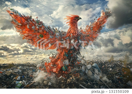A Surreal Phoenix Rising from a Mountain of Waste, Made of Plastic and Trash, Symbolizing Environmental Challenges and the Need for Sustainability 131550109