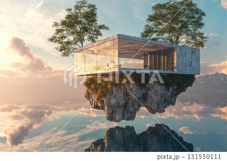 Modern Floating House Surrounded by Nature and Mountains, Reflecting on Serene Water, Futuristic Architecture, Environmental Harmony, Tranquil Lifestyle Inspiration 131550111