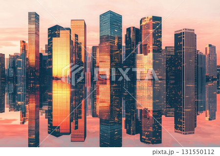 A Stunning Sunset Reflection Over a City Skyline with Towering Glass Buildings and Vibrant Colors Illuminating the Urban Landscape at Dusk 131550112