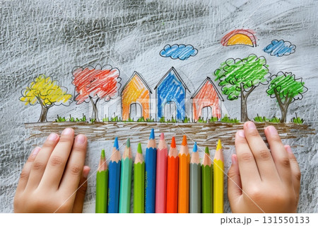 Child's Drawing of Colorful Houses and Nature 131550133