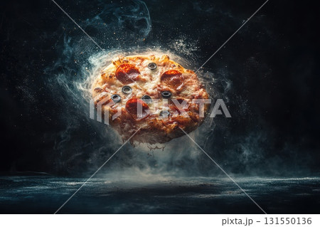 Deliciously Melting Round Pizza with Toppings Deliciously Melting Round Pizza with Toppings 131550136
