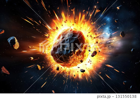 Massive Asteroid Explodes in Dark Space Scene 131550138
