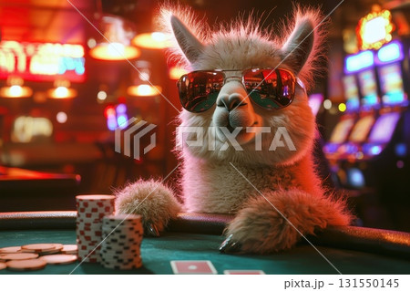 Cool Alpaca Posing with Sunglasses at the Casino Table 131550145