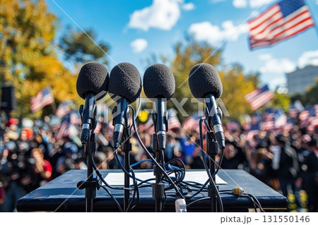 Podium with Microphones and US Flag Background Podium with Microphones and US Flag Background 131550146