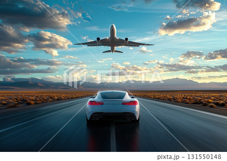 Rear View of a Car on a Road with Airplane Above 131550148