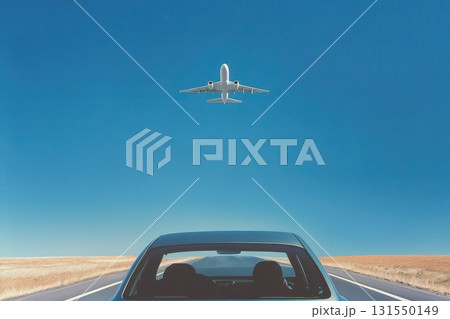 Car View with Airplane in Clear Sky 131550149