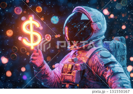 Futuristic Astronaut in Sleek Space Suit Holding Currency Symbol 131550167
