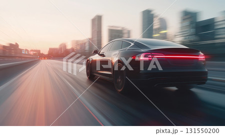 sleek car is driving on futuristic city road at sunset 131550200