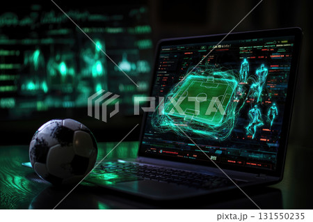 Soccer analytics on laptop screen with glowing graphics and ball, betting and online gaming Soccer analytics on laptop screen with glowing graphics and ball, betting and online gaming 131550235