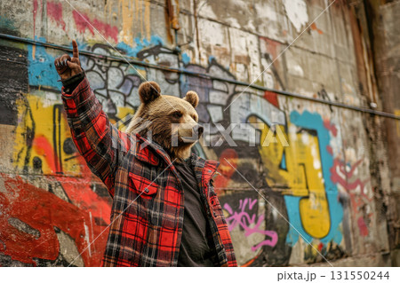 bear in plaid coat confidently posing against graffiti 131550244