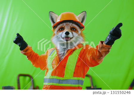 playful fox wearing construction helmet and safety gear, smiling cheerfully playful fox wearing construction helmet and safety gear, smiling cheerfully 131550246