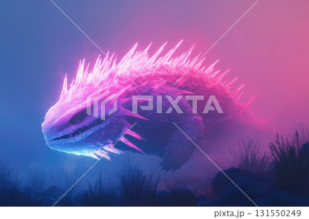 glowing, thorny creature emerges in misty, colorful landscape 131550249