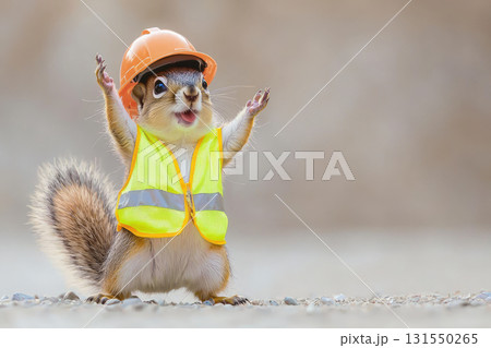cheerful squirrel wearing hard hat and safety vest, celebrating joyfully cheerful squirrel wearing hard hat and safety vest, celebrating joyfully 131550265