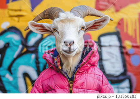 goat wearing quilted winter jacket poses against colorful graffiti wall 131550283