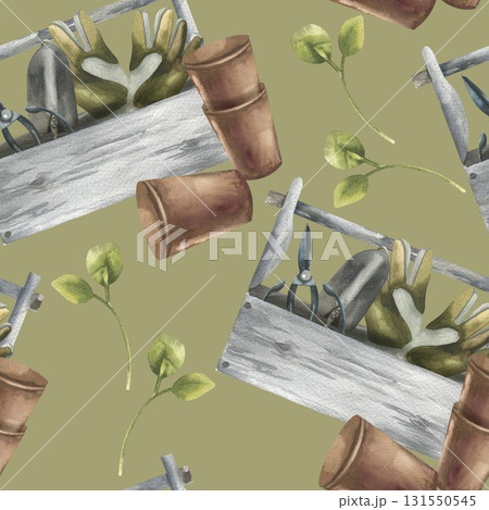 Garden wooden box with shovel,shears and gloves tools, pots and green seeding watercolor seamless pattern on green. Hand drawn background with rustic gardening hobby clipart for textile, fabric design Garden wooden box with shovel,shears and gloves tools, pots and green seeding watercolor seamless pattern on green. Hand drawn background with rustic gardening hobby clipart for textile, fabric design 131550545