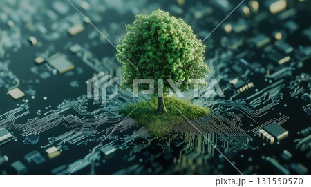 Green Technology, Tree Grows on a Circuit Board in Surreal Environment 131550570