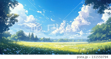 Sunny Meadow with Blue Sky, and Trees. Sunny Meadow with Blue Sky, and Trees. 131550794