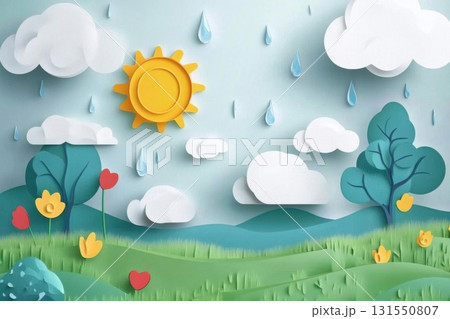 Sunny Rain with Paper Art Landscape. 131550807