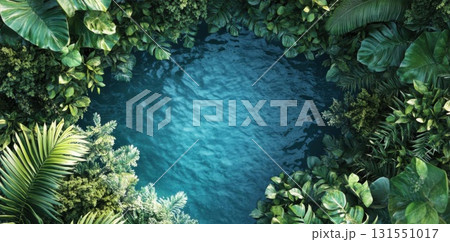 Tropical Pool with Lush Green Frame. 131551017