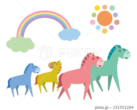 虹を見ているかわいい馬の親子のイラスト素材 131551204