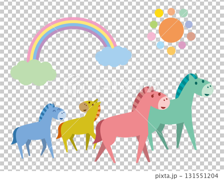 虹を見ているかわいい馬の親子のイラスト素材 131551204