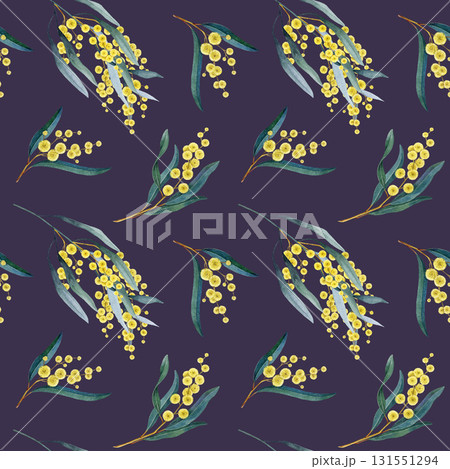 Golden wattle acacia flowers on dark background seamless pattern. Australian native flora hand drawn vintage style watercolor illustration. Acacia yellow flowers seamless pattern decorative element 131551294