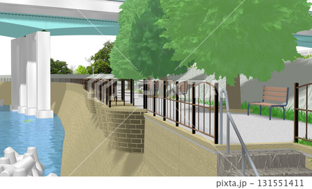 アニメーションの背景に使える PNG素材『青い海の見える公園』空は透明ですのでご自由にどうぞ 131551411