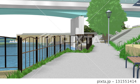 アニメーションの背景に使える PNG素材『青い海の見える公園』空は透明ですのでご自由にどうぞ 131551414