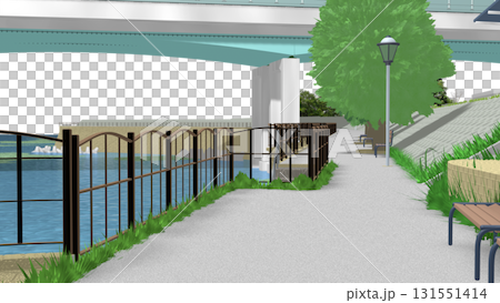 アニメーションの背景に使える PNG素材『青い海の見える公園』空は透明ですのでご自由にどうぞ 131551414