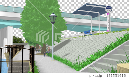 アニメーションの背景に使える PNG素材『青い海の見える公園』空は透明ですのでご自由にどうぞ 131551416