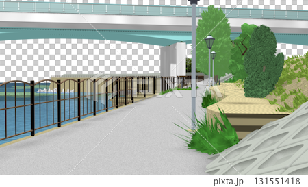 アニメーションの背景に使える PNG素材『青い海の見える公園』空は透明ですのでご自由にどうぞ 131551418