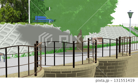 アニメーションの背景に使える PNG素材『青い海の見える公園』空は透明ですのでご自由にどうぞ 131551419