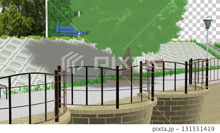 アニメーションの背景に使える PNG素材『青い海の見える公園』空は透明ですのでご自由にどうぞ 131551419