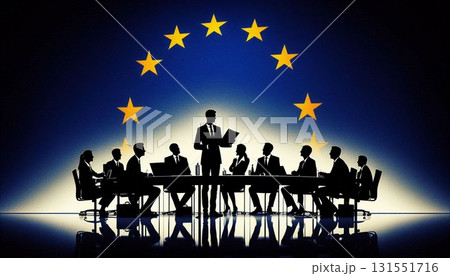 【EU政治・外交】国旗を背景に会談するビジネス/政治家(シルエット風のイメージイラスト) 【EU政治・外交】国旗を背景に会談するビジネス/政治家(シルエット風のイメージイラスト) 131551716