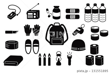 非常用品アイコンセット（防災・避難・シルエット・ブラック） 131551895