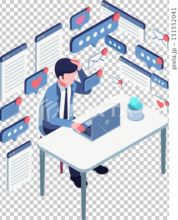 Isometric Burnout Worker Overwhelmed by Notifications and Digital Overload Isometric Burnout Worker Overwhelmed by Notifications and Digital Overload 131552041