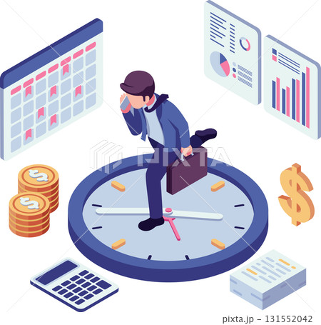 Isometric Businessman Racing Against Time for Money Isometric Businessman Racing Against Time for Money 131552042