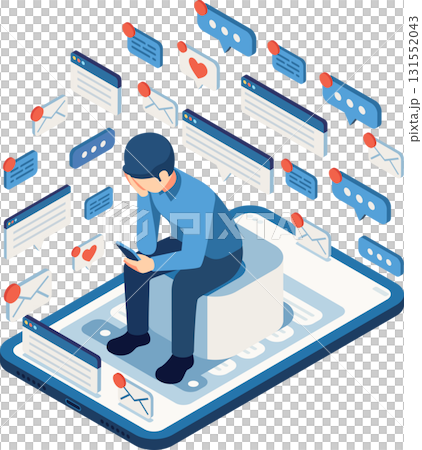Isometric Stressed Businessman Overwhelmed by Online Notifications 131552043