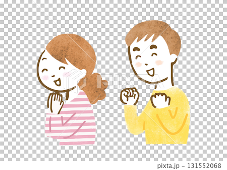 Upper body hand-drawn illustration of a man and woman cheering and rejoicing at something (sitting position) 131552068