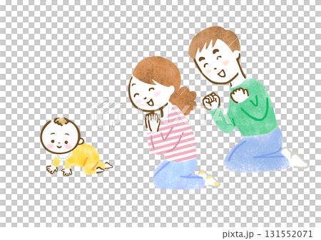 ハイハイする子供を見て喜ぶ両親の手描きイラスト 131552071
