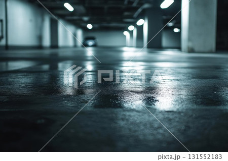 Wet Parking Garage Interior. 131552183